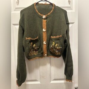 ROMWE Olive Green Cardigan with Brown Trim and Floral Pocket Embroidery